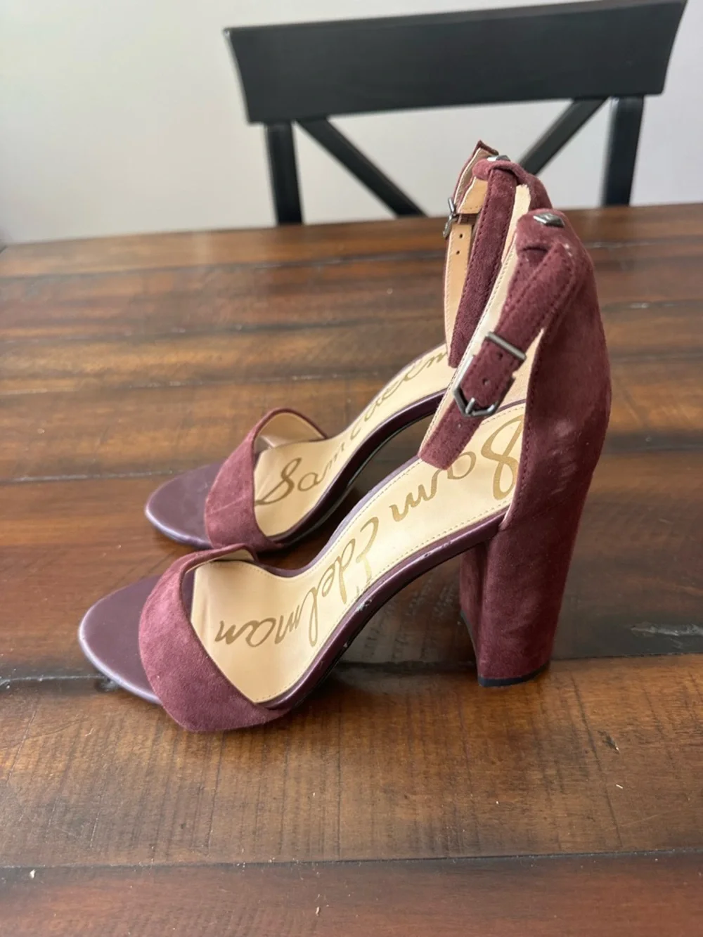 Sam Edelman Burgundy Suede Block Heel Sandals with Ankle Strap - Picture 5 of 6